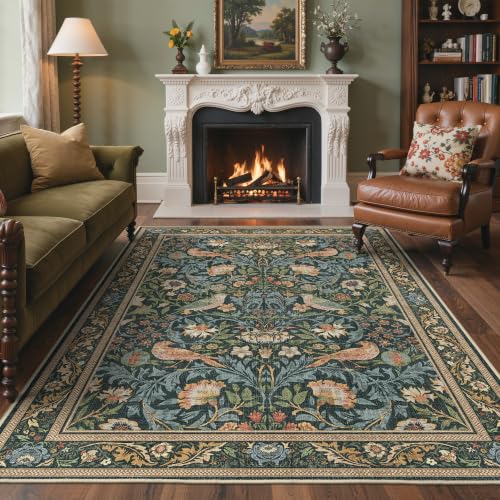 GENIMO 5X7 Blue Green Area Rug for Living Room, Washable Non Slip | Blue Green Boho Bird Floral Rug for Bedroom and Dining Room, Soft Low Pile Polyester Area Rug, Easy Care, Non-Shedding - color: Blue Green, size: 5' x 7' (Rectangular)