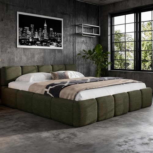 King Size Platform Bed, Boucle Thick Headboard and Footboard, Upholstery Grounded Beds, Block Style, White (Green, King) - color: Green, size: King