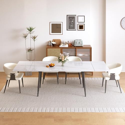 62.9"–94.4" Modern White Extendable Dining Table for 6–10 People | Scratch & Heat Resistant Sintered Stone Tabletop Kitchen Table, Stainless Steel Leg Design for Dining Room & Outdoor Patio - color: White 62.9” of 94.4”