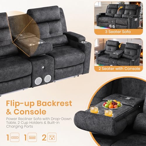 Power Reclining Sofa with 4 LED Lights, Bluetooth Speaker, Power Reclining Loveseat with Drop Down Table,Outlets, 3-Seater Recliner Sofa with Arm/Seat Storage(Grey, Loveseat with Console) - color: Grey, size: Loveseat with Console