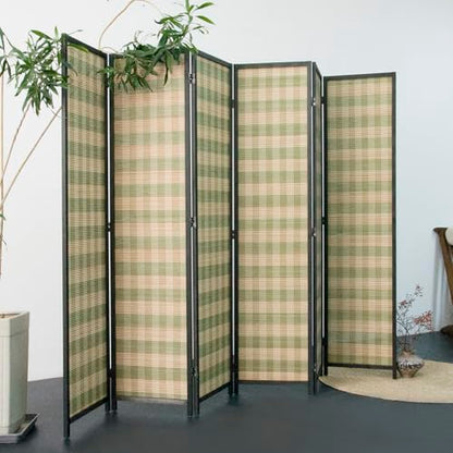 6 Panel Bamboo Room Divider, Green Stripe Folding Privacy Screen | 5.6 ft Folding Screen Divider, Divider for Room Separation, Freestanding Room Partition Screen, Double-Sided Panel Screen - color: Green Stripe, size: 6 Panel