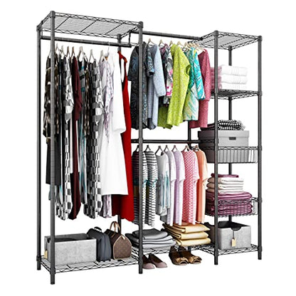 Xiofio 6 Tiers Heavy Duty Garment Rack,Metal Clothing Rack,Clothing Storage Rack,Closet Organizer System Freestanding & Adjustable Wardrobe 60.7" L x 15.7" W x 70.5" H Max Load 720LBS Black