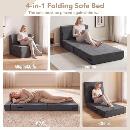 KOMFOTT Convertible Folding Sofa Bed, 4-in-1 Fold Out Sleeper Chair | Floor Sofa with Corduroy Cover, Smooth Zipper & Hook and Loop Fasteners for Living Room, Bedroom, Guest Room, Dark Grey