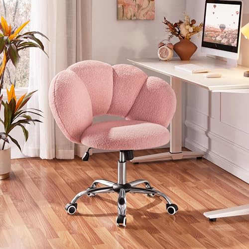 Yaheetech Pink Petal Boucle Makeup Vanity Desk Chair with Wheels, Swivel | Soft foam-padded boucle fabric fits vanity, bedroom, office or sewing desks; adjustable height, swivel wheels, fast assembly. - color: Pink
