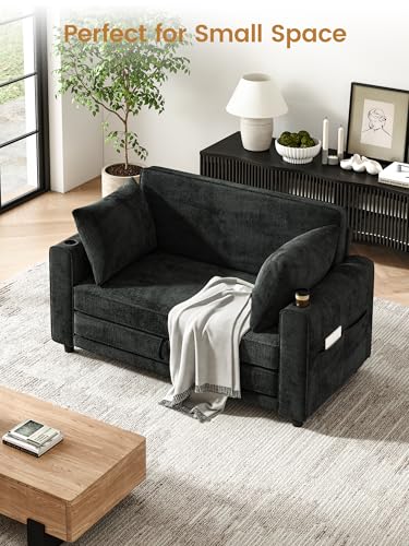 51" Loveseat Convertible Sofa Bed with Cup Holder, Small Couch 2 in 1 Pull Out Sleeper Couch, Floor Folding Couch Sofa with Two Pillows for Living Room, Apartment, Dorm (Black) - color: Black