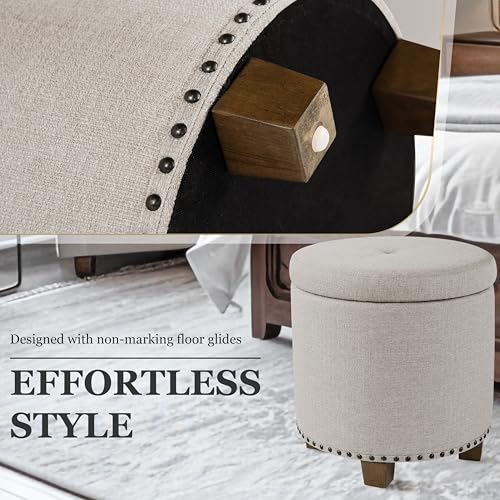 HomePop 18.5" Round Storage Ottoman with Nailheads - Light Brown Fabric - color: Light Brown Fabric