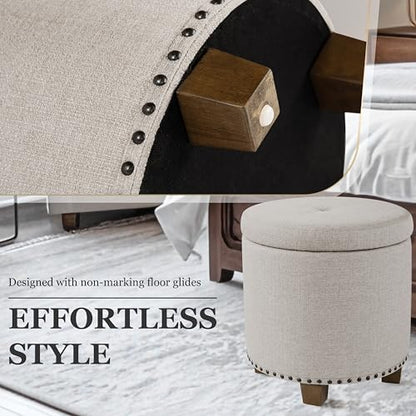 HomePop 18.5" Round Storage Ottoman with Nailheads - Light Brown Fabric - color: Light Brown Fabric