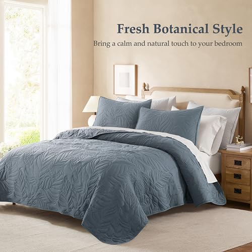 R.SHARE Dusty Blue Queen Size Quilt Set, Soft Lightweight Bedspread, Farmhouse Rustic Country Coverlet, Leaf Pattern Bedding with 2 Shams, 3 Pieces Spring Summer Thin Comforter - color: Dusty Blue, size: Queen (90"x90")
