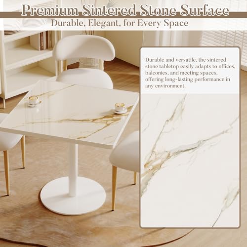 31.5'' Tulip Table, Square Dining Table with Glossy Sintered Stone Tabletop | White Aluminum Alloy Edge & Pedestal, Small Bistro Table for Dining Room/Café/Small Spaces/Restaurant (Calacatta Gold) - color: Calacatta Gold (White Edge), size: Square