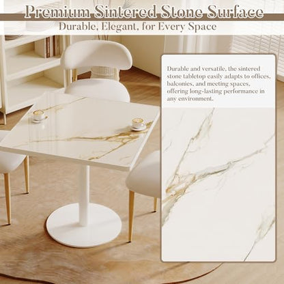 31.5'' Tulip Table, Square Dining Table with Glossy Sintered Stone Tabletop | White Aluminum Alloy Edge & Pedestal, Small Bistro Table for Dining Room/Café/Small Spaces/Restaurant (Calacatta Gold) - color: Calacatta Gold (White Edge), size: Square