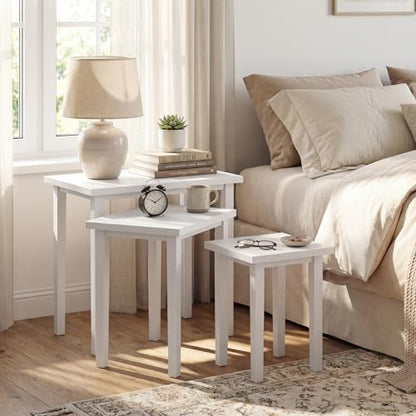Giantex Nesting Tables Set of 3, Farmhouse Stacking Side Table with Rubber Legs, Wooden Rectangle Accent End Table, Nesting Coffee Tables for Living Room Bedroom (White) - color: White