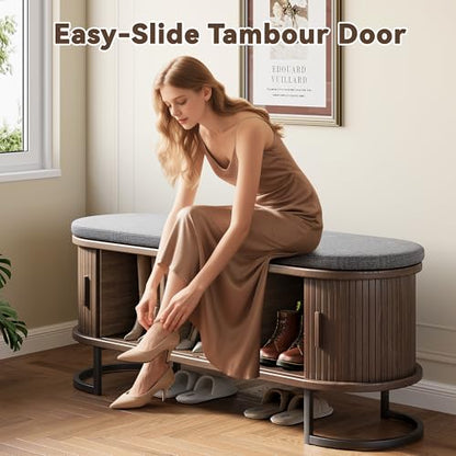 Decofy 47.2'' Entryway Storage Bench Seat with Sliding Door, Large Shoe Bench with Sturdy Metal Feet & Soft Cushion, Multi-Scene Use for Entrance, Bedroom & Living Room（Walnut） - color: Walnut