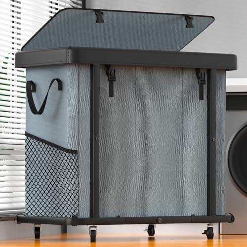 Laundry Basket with Wheels, 230L(60Gal) Laundry Sorter 3 Section - Gray | Leather Patchwork Laundry Hapmer, Sturdy Metal Frame, Removable Washable Bag, Tall Clothes Sorter for Bedroom - color: Gray, size: 3 Section-230L