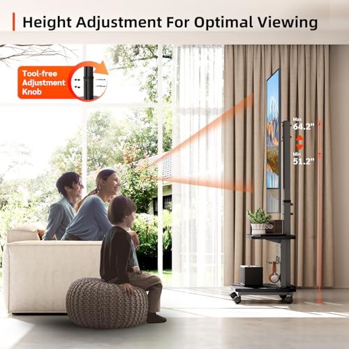 Mobile TV Cart on Wheels,Height Adjustable Rolling TV Stand for 32-85 inch TVs,with 5-Level Lift,35° Swivel,Portable Media Cart for Office,Outdoor | Height Adjustablewith 5-Level Lift,35° Swivel,Dual Shelves & Pegboard Storage,Portable Media Cart for Home