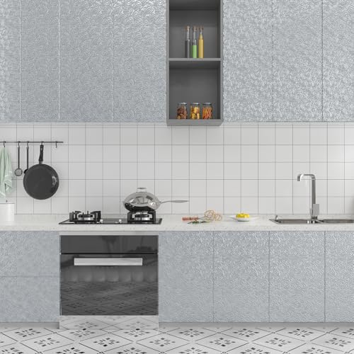 CHIHUT Silver Textured Swirling Wave Peel and Stick Backsplash Wallpaper Waterproof Oil Proof Metallic Aluminum Foil Self Adhesive Contact Paper 12"x100" for Kitchen Countertop Vinyl Wrap - color: Silver
