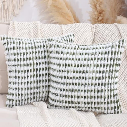 LUOYEHK Boho Throw Pillow Covers 16x16 Inch Set of 2 Chenille Tufted Pillowcase Farmhouse Neutral Cushion Covers for Couch Sofa Bed Living Room, Green White - color: Green White, size: 16" x 16" (Pack of 2)