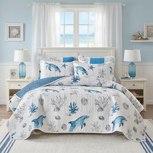 Kids Coastal Quilt Sets Twin Size - Reversible Microfiber Dolphin Turtle Ocean Style Quilts with 1 Shams Soft Lightweight Beach Bedding Nautical Bedspread Coverlet Summer Comforter for All Season - color: Dolphin, size: Twin-68x86 in