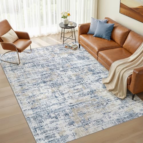Nakagishi 6X9 Abstract Washable Area Rugs for Living Room-Blue Golden | Modern Non-Slip Silicone Backing Low Pile Soft Carpet for Bedroom Dining Decor Ideal for Families with Kids and Pets - color: Blue Golden, size: 6' x 9' (Rectangular)