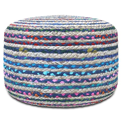 SIMPLIHOME Margo 30" Wide Round Pouf in Natural Jute and Cotton | Boho footstool, braided pouf, extra seating for living room or bedroom with polystyrene bead filling, assembled; accent seat. - color: Multi-blue, style: Pouf