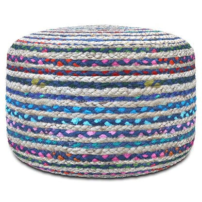 SIMPLIHOME Margo 30" Wide Round Pouf in Natural Jute and Cotton | Boho footstool, braided pouf, extra seating for living room or bedroom with polystyrene bead filling, assembled; accent seat. - color: Multi-blue, style: Pouf
