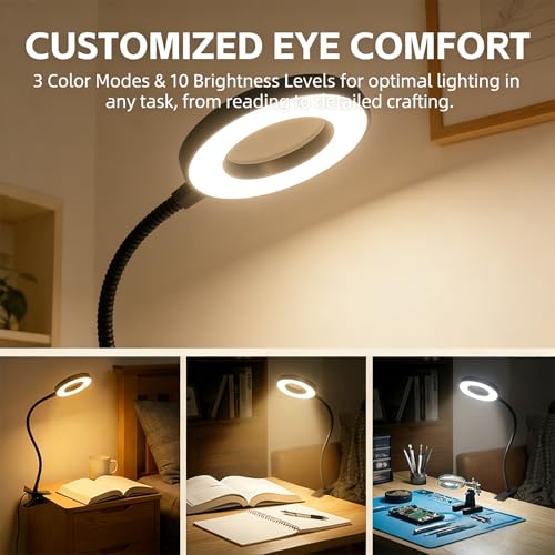Sunny Power LED Clip On Book Light Eye-Care Bedside Reading Light for Kids | 3 Color Modes,10 Brightness Levels Flexible Arm Night Light,USB Powered Books in Bed, Table Lamp for Home Office Dorm