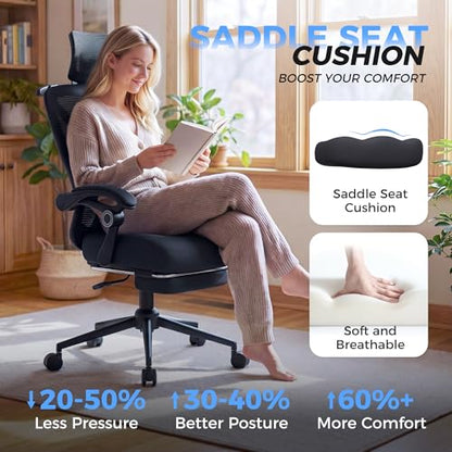 CYKOV Ergonomic Office Chair, Reclining, Footrest, Adjustable Lumbar, 350LB | 4-Way Headrest (4.72" + 60°), 2-Way Lumbar (2" + 1.18"), 90-135° Recline, Breathable Mesh, Gaming & Office, 5-Year Warranty - color: Black