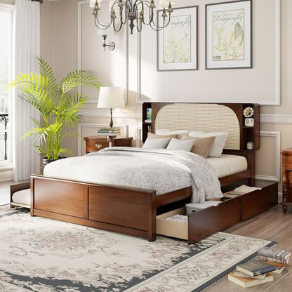 Queen Size Bed Frame with Trundle and Drawers for Aldults, Walnut | Mid Century Bed Frame with Rattan Headboard, No Box Spring Needed, Space Saving