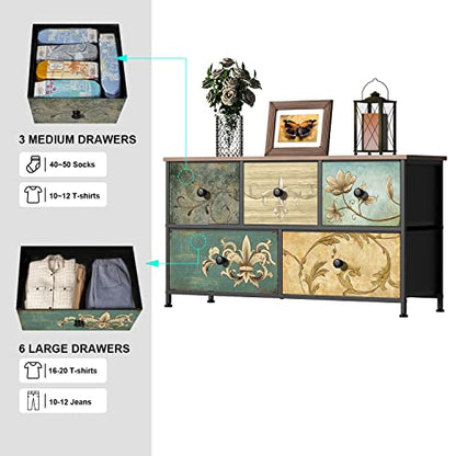Dresser with Drawers for Bedroom Chest of Drawers Fabric Dresser for Closet,Nursery Entryway Hall Tree TV Stand for Living Room Retro Floral Pattern Drawers Wooden Top (5 Drawers) - size: 11.8"D x 39"W x 21.5"H (5 Drawers)