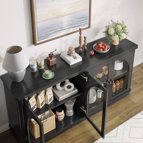 63 Inch Sideboard Buffet Cabinet with Glass Doors, Credenzas Cabinet, Black | 4 Doors, Arched, Large, Adjustable Shelves, Modern Style, for Living Room, Kitchen, Entryway