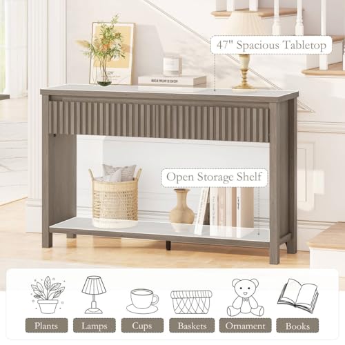 Console Table with Storage, 47In Entryway Table with Drawers, Grey Couch Tables Behind Sofa, Narrow Sofa Tables with 2-Tier Shelf for Living Room, Hallway, Front Door, Greige Oak - color: Greige Oak