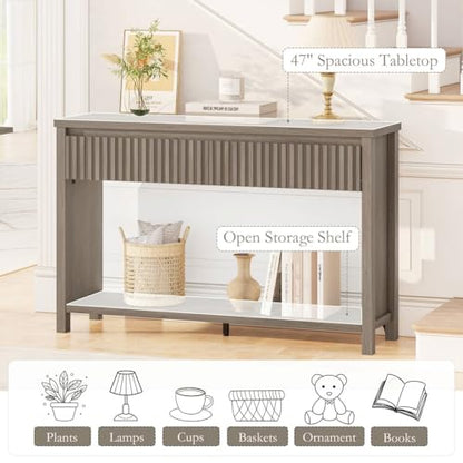 Console Table with Storage, 47In Entryway Table with Drawers, Grey Couch Tables Behind Sofa, Narrow Sofa Tables with 2-Tier Shelf for Living Room, Hallway, Front Door, Greige Oak - color: Greige Oak