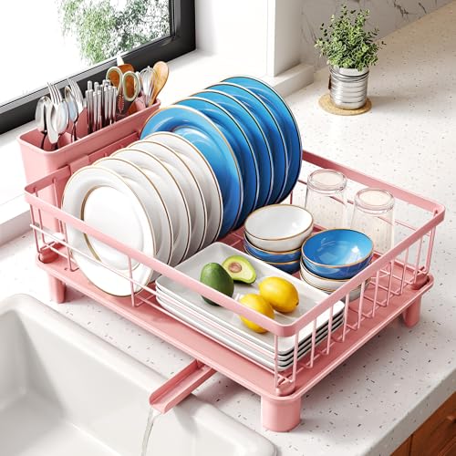 SNTD Dish Drying Rack for Small Kitchen Counter, 11" W x 15" L, Pink | Space Saving, Rotating Spout & Angled Drainboard for Quick Drainage, Stainless Steel, Removable Utensil Holder - color: Pink, size: 11" W x 15" L