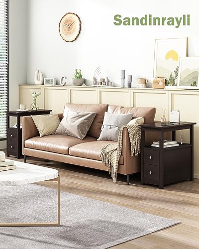3-Tier Side Table Slim Sofa End Table with 2 Drawers and 1 Open Shelf Narrow Space for Living Room, Espresso Power (Outlets and USB Ports Included) - color: Brown