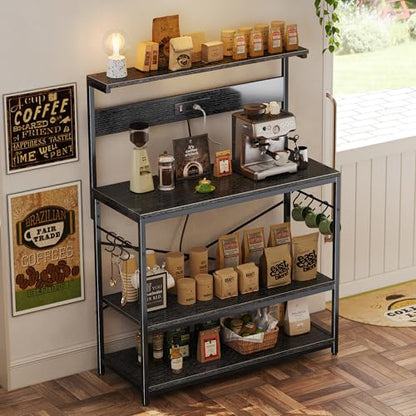 SUPERJARE Bakers Rack with Power Outlets, Microwave Stand, 39.4 X 14.3 Inch Larger Desktop, Kitchen Storage Rack with Adjustable Middle Shelf, 6 S-Shaped Hooks, Coffee Bar Stand, Black - color: Black, size: 39.4inch