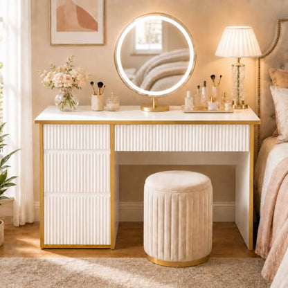 4 EVER WINNER 47-Inch Fluted Computer Desk with 4 Drawers, White and Gold | Compact Home Office Desk with 4 Storage Drawers, Including a Deep File Drawer, White and Gold Desk for Bedroom, Small Spaces - color: White and Gold