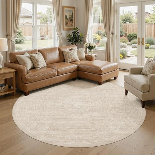 Nakagishi Neutral 8x8 Round Area Rugs Living Room Washable, Beige | Pet & Kid Friendly, Non-Slip, Soft, Low-pile Carpet for Living Room/Bedroom/Playroom/Nursery, Stain Resistant Vintage - color: Beige, size: 8' (Round)