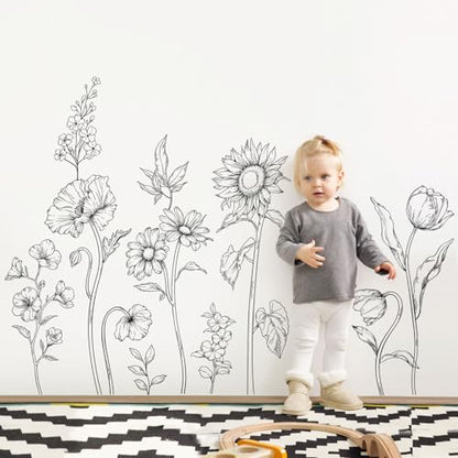 Large Black and White Flower Wall Decals, 3 Sheets Simple Modern Minimalist Sunflower Tulip Wall Stickers Floral Art Decor for Girls Bedroom Home Room Office Adult Gifts for Mom(11.8x35.4 in/Sheet) - style: Large Sunflower Set