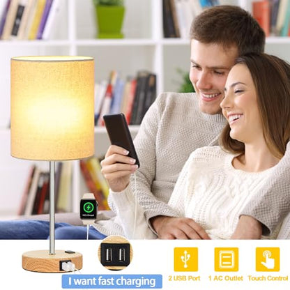 Lynnoland Set of 2 Touch Wood Table Lamps, Bedroom Lamps with 2 USB AC Outlet, 3-Way Dimmable Bedside Nightstand Lamps for Bedroom Living Room Nursery, 800 Lumens 2700K Bulbs Included - color: (2 Pack)Cream & Wood(Base)-2700K Bulbs Included