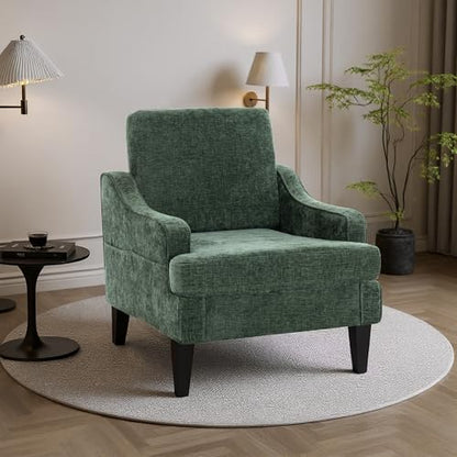Accent Chair for Living Room,Mid-Century Arm Chair Chenille Fabric Living Room Chairs,Upholstered Reading Chair for Bedroom,Single Sofa Chair with Wood Legs for Apartment (Green) - color: Green