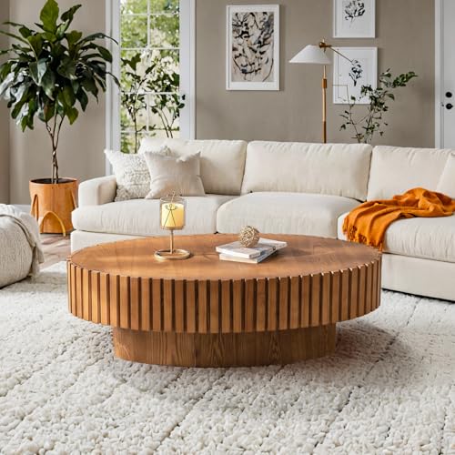 Oval Drum Fluted Coffee Table (E) | Modern Wood Coffee Table with Circle Pedestal Center Tables Fluted Accent Tea Tables for Apartment Living Room - color: E