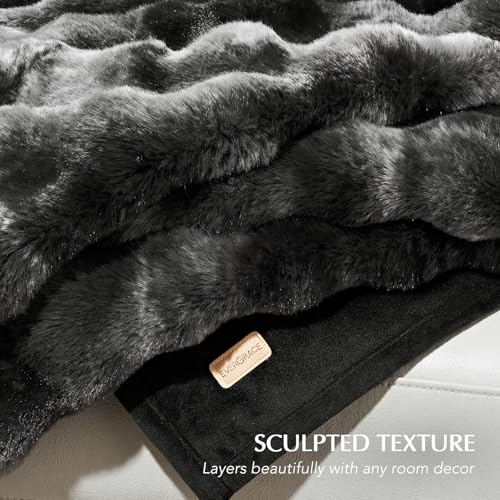 Faux Rabbit Fur Bubble Throw Blanket, 50"x60", Marble Black | Ultra Soft, Luxury Faux Rabbit Fur Throw, Thick Warm Bubble Blanket, Cozy Fluffy Reversible, for Bed, Couch, Chair, Sofa - color: Black Marble, size: 50"x60"