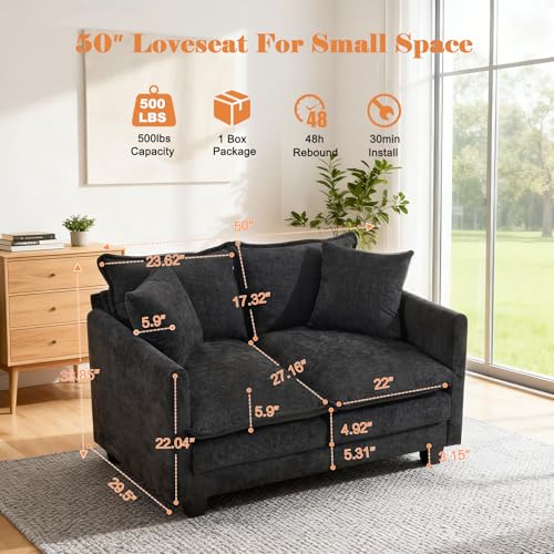 50'' Loveseat Sofa Cloud Sofa Couch, Modern Loveseats 2 Seat Couch 27" Deep Seat with 2 Pillows for Small Spaces Apartment Studio Office Bedroom Living Room, Black - color: Black, size: 50"