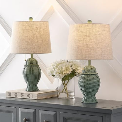 JONATHAN Y 20.5" Wicker Table Lamp, Green with Beige Shade, Set of 2 | Margie Bohemian Rustic Farmhouse Coastal Urn Rattan Metal, Pull Chain Switch, Linen, LED Bulbs Included - color: Green