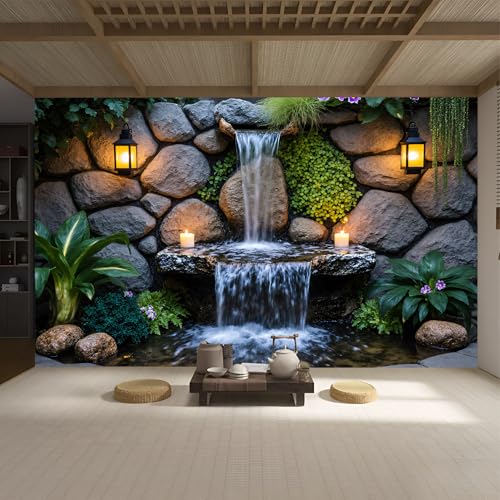 Custom Size Wall Murals, Serene Backyard Water Feature Rustic Stone Wall Lanterns, Self-Adhesive Removable Wall Covering Fabric, Large Photo Wallpaper for Living Room Bedroom Kitchen Office Kids