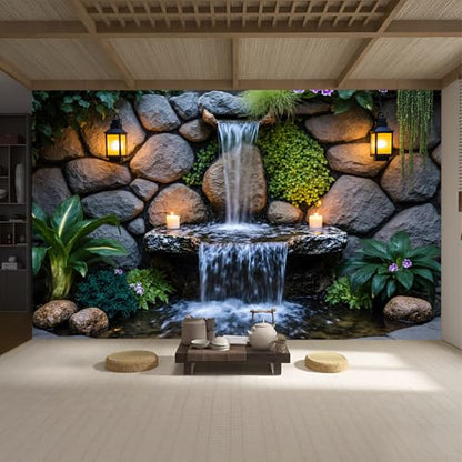 Custom Size Wall Murals, Serene Backyard Water Feature Rustic Stone Wall Lanterns, Self-Adhesive Removable Wall Covering Fabric, Large Photo Wallpaper for Living Room Bedroom Kitchen Office Kids