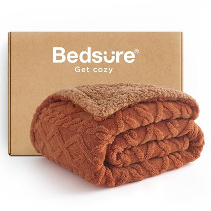 Bedsure Gentlesoft Sherpa Fleece Blanket Twin Size for Bed - Fluffy & Cozy Cable Jacquard Tufted for Women Gift, Thick and Warm Christmas Blanket for Winter, Orange, 60x80 Inches | Ultra-Soft, Cozy, Fuzzy for Fall, Winter, Ideal for Couch, Living Room, Gi