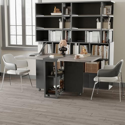 Premium Folding Dining Table - Space-Saving Drop Leaf Design with 6 Wheels & 2-Tier Storage - Expandable Kitchen & Dining Room Table in Grey