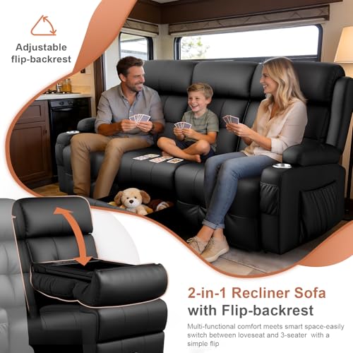 Home Theater Seating, 3 Seat Power Loveseat Recliner Sofa with Heat Massage | Wall Hugger Reclining Loveseat with USB, RV Couch with LED Lights, Flip Backrest, Cup Holders for Movie Theater, Gaming Room - color: Black, size: 78" - 3 Seats