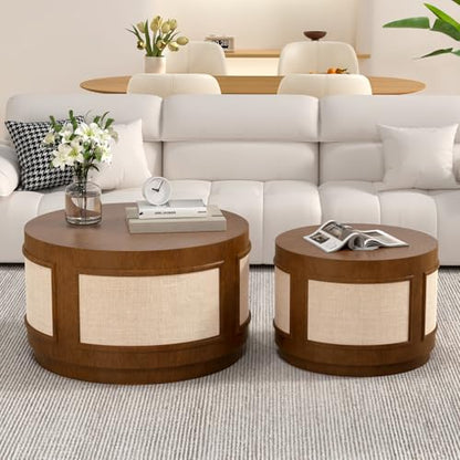 Nesting Coffee Tables Set of 2, Round Wooden, Brown | Solid Wood Frame & Fabric Veneer, Mid-Century Modern Accent Tables, End Tables, For Living Room, Bedroom & Small Spaces - color: Brown 26.8"dx15.7"h