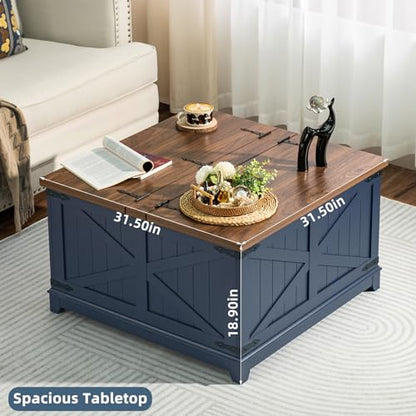 Joaxswe Farmhouse Coffee Table with Hidden Storage Organizer, Modern Square Large Center Table, Wood Farm House Low Navy Blue Living Room Tables with Hinged Lift Top for Home, Office - color: Blue, style: With Legs